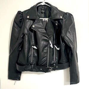 Forever 21 Puff-Sleeve Black Leather Jacket Medium NWT